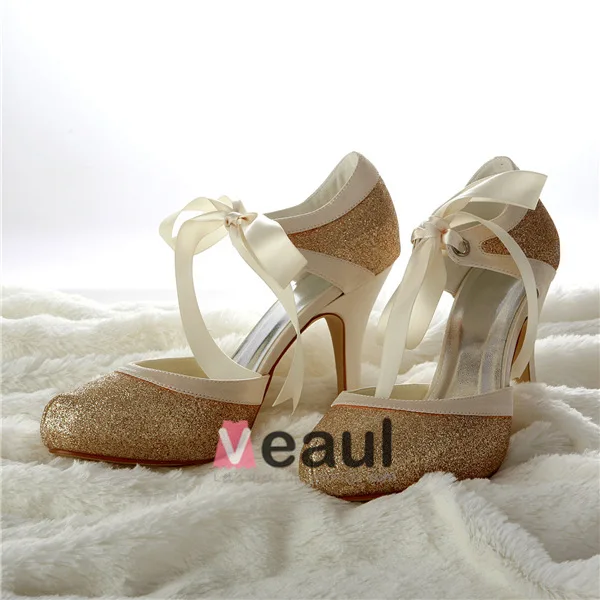 Sparkly Champagne Brudesko Glitter Stilettos Sandaler Med Bånd Slips