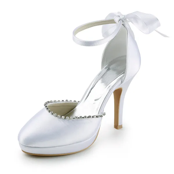 Billige Weiße Brautschuhe Satin Stilettos Sandalen-stiefel Mit Strass Und Schleife