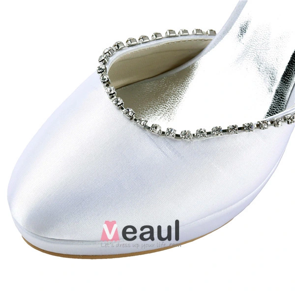 Cheap White Wedding Shoes Satin Stilettos Ankle Strap Sandals With Rhinestone And Bow