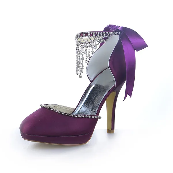 Zapatos De Baile Púrpuras Brillantes Satén Stilettos Sandalias Con Arco Y Diamantes De Imitación