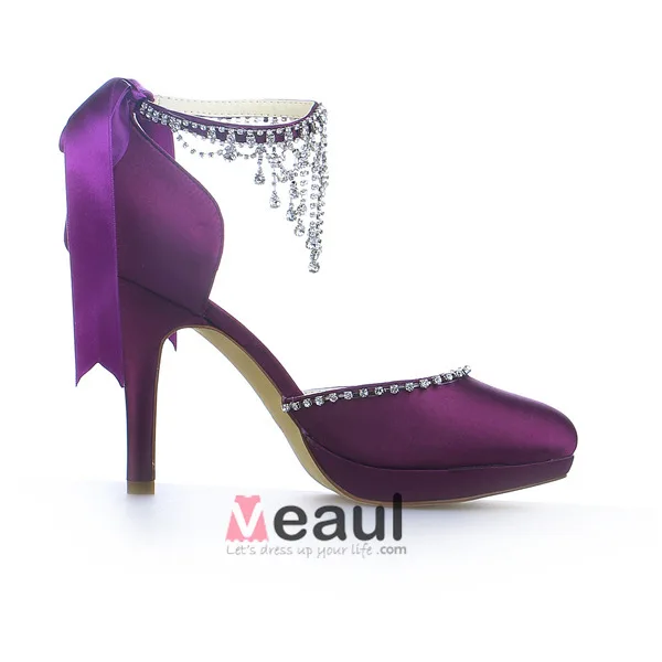 Sparkly Purple Prom Shoes Satin Stilettos Sandals With Bow And Rhinestone
