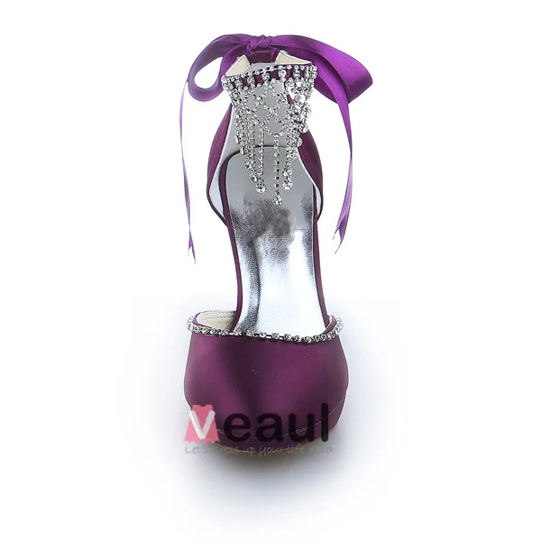 Sparkly Purple Prom Shoes Satin Stilettos Sandals With Bow And Rhinestone