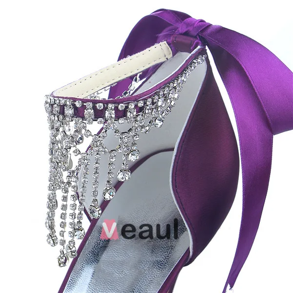 Sparkly Purple Prom Shoes Satin Stilettos Sandals With Bow And Rhinestone