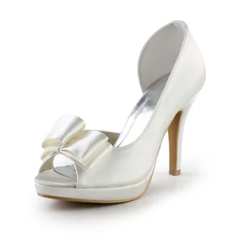 Simple Ivory Bridal Shoes Satin Stilettos Sandals With Bow