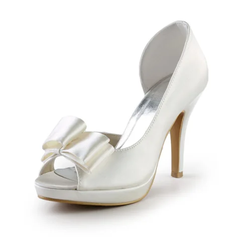 Einfache Elfenbein Brautschuhe Satin Stilettos Sandalen Mit Schleife