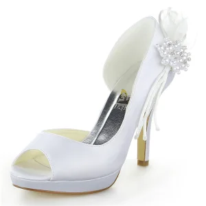 Eleganta Vita Brudskor Satin Stiletter Sandaler Med Pärla Blomma