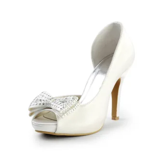 Simple Ivory Bridal Shoes Satin Stilettos Sandals With Rhinestone Bow