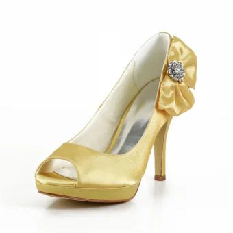 Beautiful Gold Party Shoes Satin Peep Toe Prom Shoes With Bow