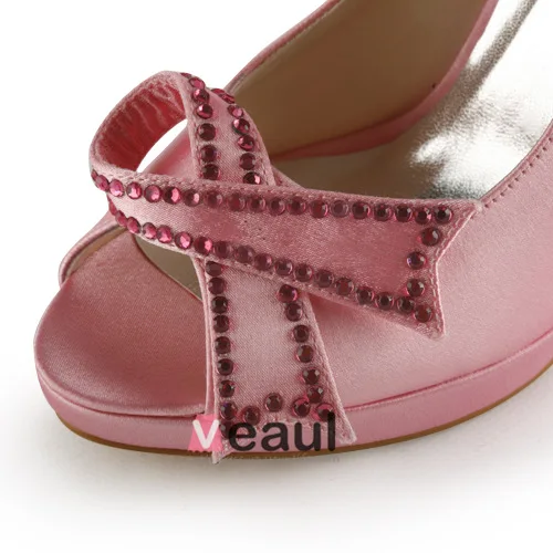 Cute Pink Bridal Shoes Satin Stilettos Peep Toe Pumps With Bowknot