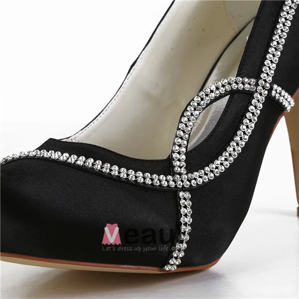 Sparkly Sorte Festsko Satin Stiletter Pumps Med Rhinestone