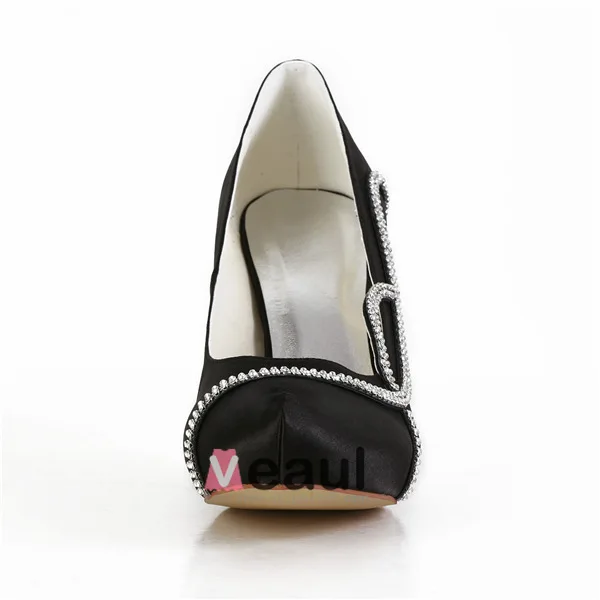 Sparkly Sorte Festsko Satin Stiletter Pumps Med Rhinestone