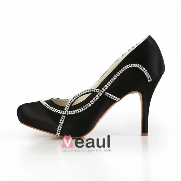 Sparkly Sorte Festsko Satin Stiletter Pumps Med Rhinestone