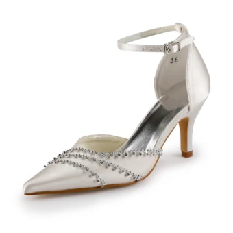 Luxury Pointed Toe Mid Heels Champagne Satin Sandals Wedding Shoes With Crystal