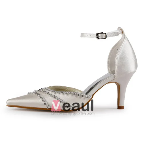 Luxe Bout Pointu Mi Talons Des Sandales En Satin Champagne Chaussures De Mariée Avec Cristal