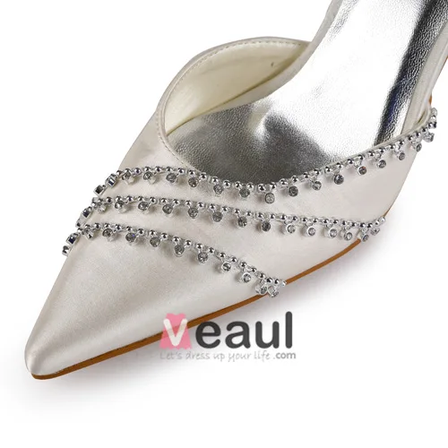 Luxe Bout Pointu Mi Talons Des Sandales En Satin Champagne Chaussures De Mariée Avec Cristal