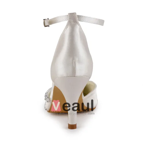 Luxe Bout Pointu Mi Talons Des Sandales En Satin Champagne Chaussures De Mariée Avec Cristal