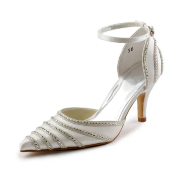 Sparkle Spitse Neus Midden Hakken Ivoor Satijnen Sandalen Bruidsschoenen Trouwsschoenen Met Strass