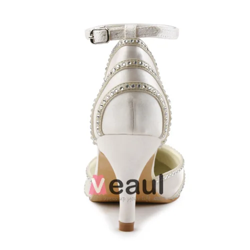 Sparkle Pointed Toe Mid Heels Ivory Satin Sandals Wedding Shoes With Rhinestone