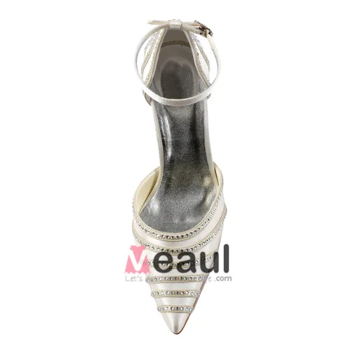 Sparkle Pointed Toe Mid Heels Ivory Satin Sandals Wedding Shoes With Rhinestone