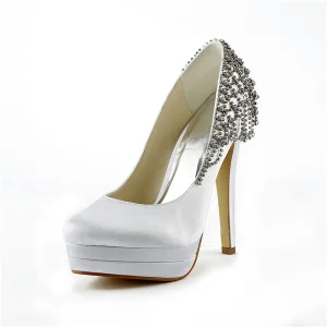 Klassiska Vita Pumps Stilettos Klackskor Plattform Brudskor Med Strass