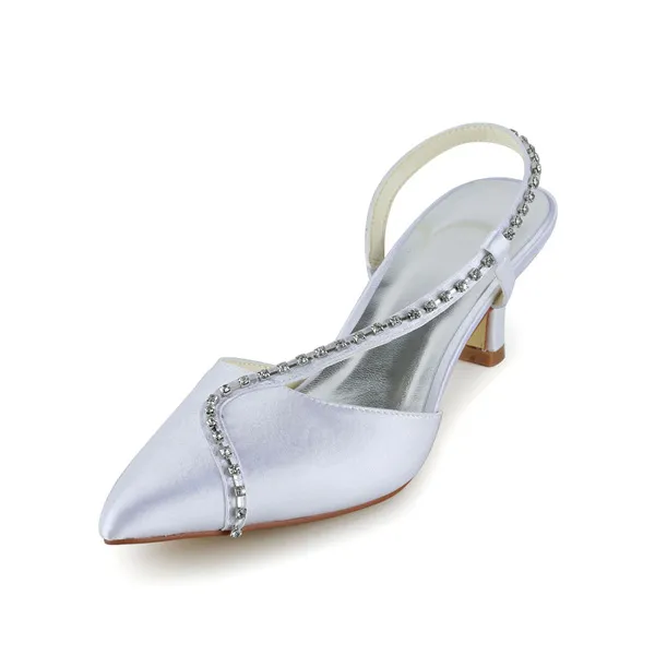 Sparkly Pointed Toe Rhinestones White Satin Low Heels Wedding Shoes