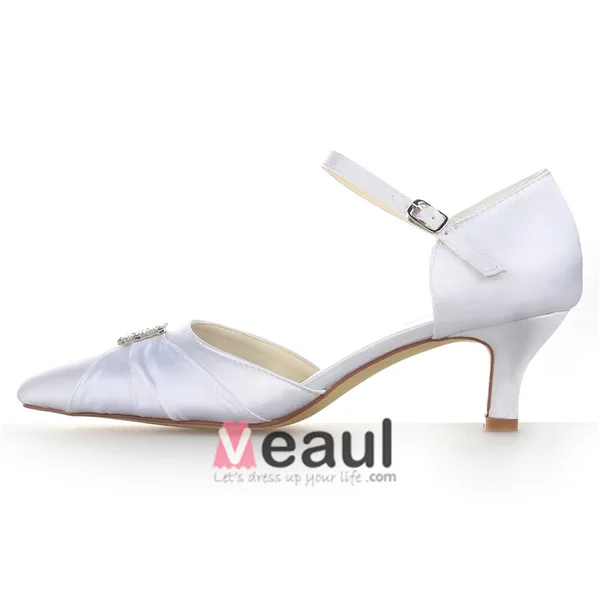 Elegant Pointed Toe Rhinestone White Ruffle Satin Low Heels Wedding Shoes