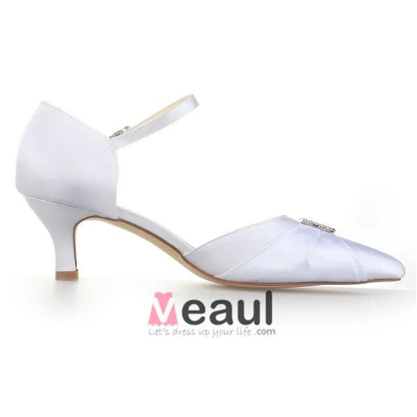 Elegant Pointed Toe Rhinestone White Ruffle Satin Low Heels Wedding Shoes