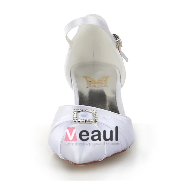 Elegant Pointed Toe Rhinestone White Ruffle Satin Low Heels Wedding Shoes