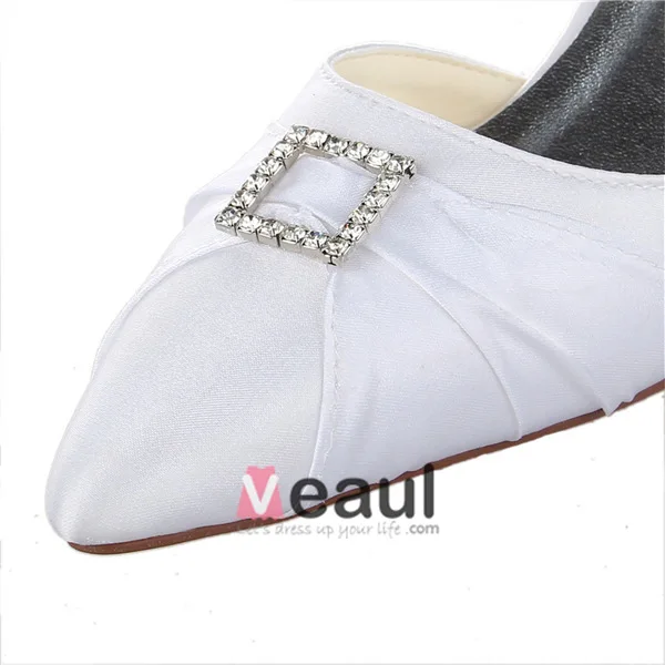 Elegant Pointed Toe Rhinestone White Ruffle Satin Low Heels Wedding Shoes