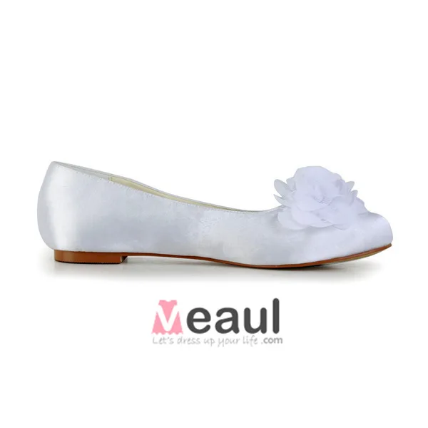 Vakre Rund Tå Blomster White Satin Flat Brudesko