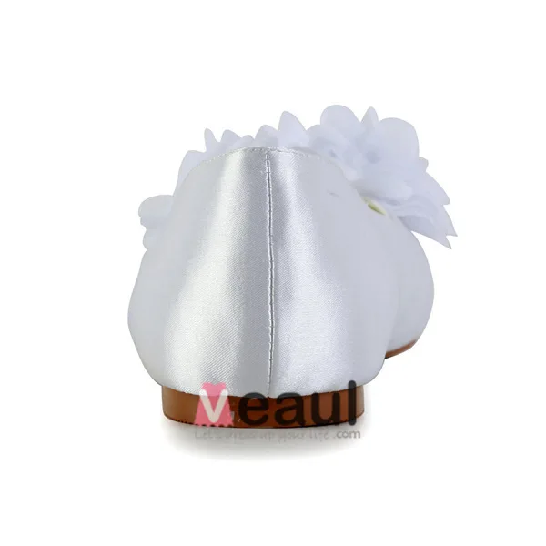 Vakre Rund Tå Blomster White Satin Flat Brudesko