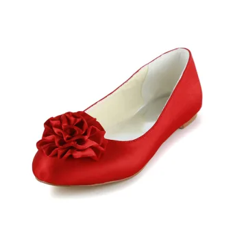Romantic Round Toe Handmade Red Rose Satin Flat Wedding Shoes