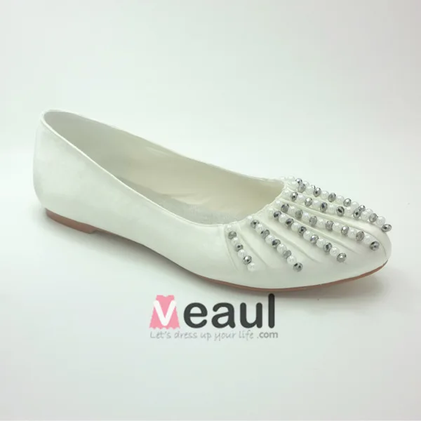 Beautiful Round Toe Ivory Satin Flat Wedding Shoes With Beading Pearl Rhinestone