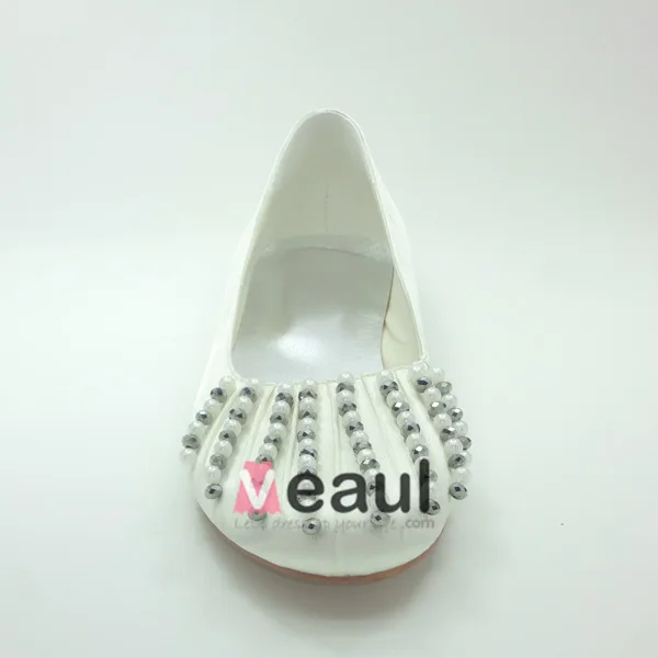 Beautiful Round Toe Ivory Satin Flat Wedding Shoes With Beading Pearl Rhinestone