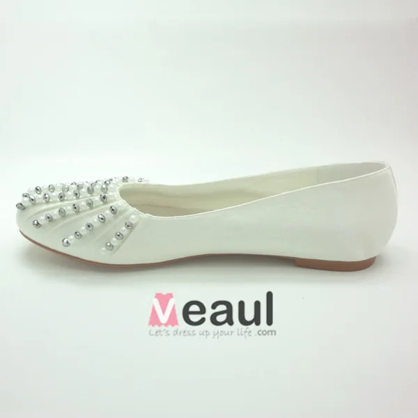 Beautiful Round Toe Ivory Satin Flat Wedding Shoes With Beading Pearl Rhinestone