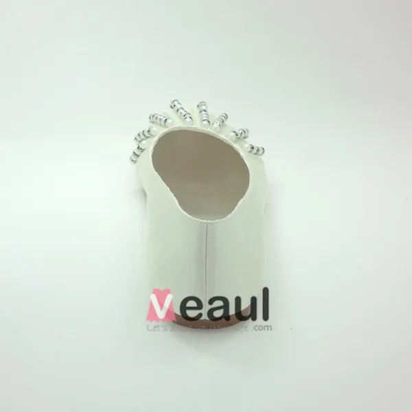 Beautiful Round Toe Ivory Satin Flat Wedding Shoes With Beading Pearl Rhinestone