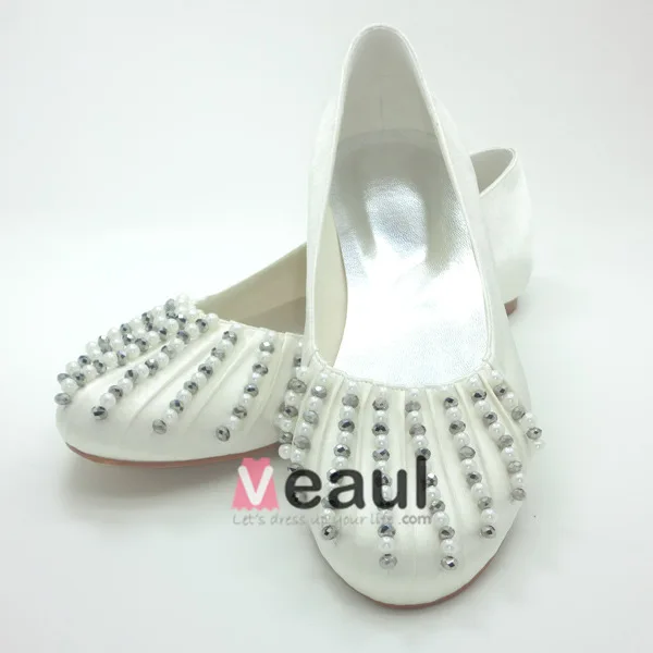 Beautiful Round Toe Ivory Satin Flat Wedding Shoes With Beading Pearl Rhinestone
