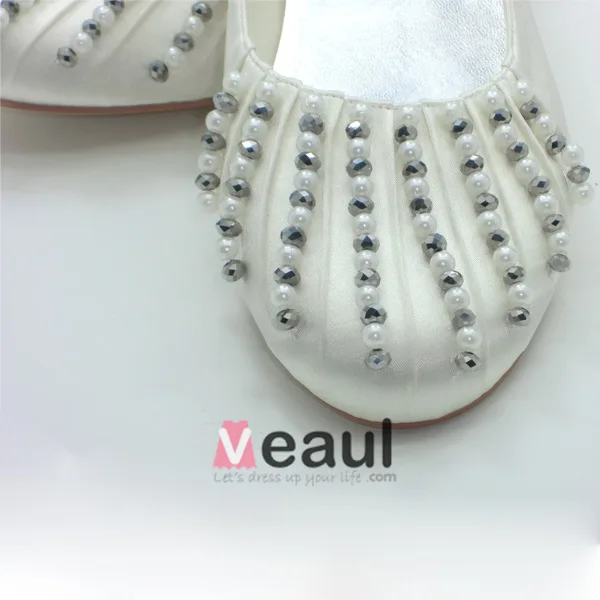Beautiful Round Toe Ivory Satin Flat Wedding Shoes With Beading Pearl Rhinestone