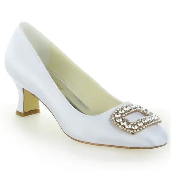 Klassiske Runde Toe Midten Hæler Hvit Satin Pumps Brudesko Bryllup Sko Med Rhinestone