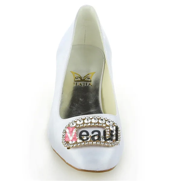 Classic Round Toe Mid Heels White Satin Pumps Bridal Wedding Shoes With Rhinestone