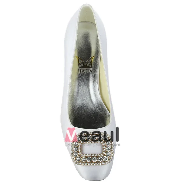 Classic Round Toe Mid Heels White Satin Pumps Bridal Wedding Shoes With Rhinestone