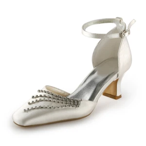 Elegancki Szpiczasty Nosek Satynowe Połowie Obcasy Szampana Pumps Buty Ślubne Ślub Z Rhinestone
