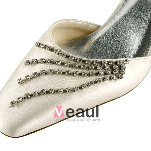 Escarpins Élégante Pointue Satin Orteil Mi Talons De Champagne Chaussures De Mariée De Mariage Avec Strass