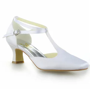 Milieu Talons Bout Pointu T Strap Simples Sandales De Satin Blanc Chaussures De Mariage Mariée
