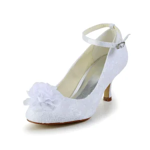 Beautiful Stiletto Heel Pumps White Lace Bridal Wedding Shoes With Hand Made Flower