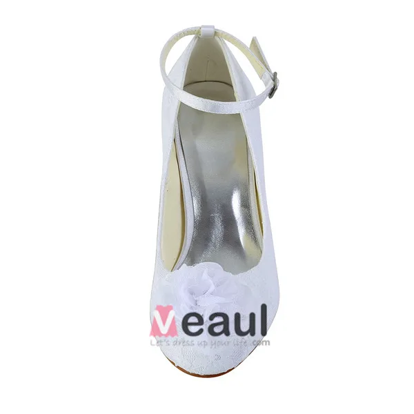 Beautiful Stiletto Heel Pumps White Lace Bridal Wedding Shoes With Hand-made Flower