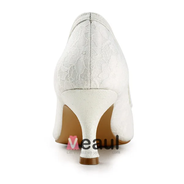 Chic Stiletto Heel Pumps Ivory Lace Bridal Wedding Shoes With Bow