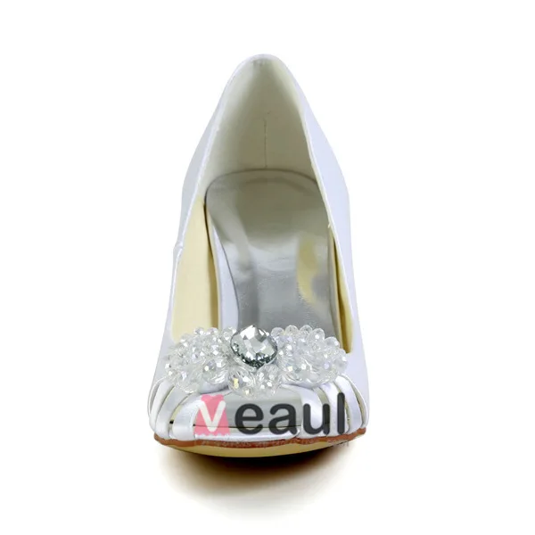 Peep Toe Piękna Połowie Przebił Białej Satyny Obcasy Pumps Buty Ślubne Obrączki Z Sercem W Kształcie Kryształu Kryształu Górskiego