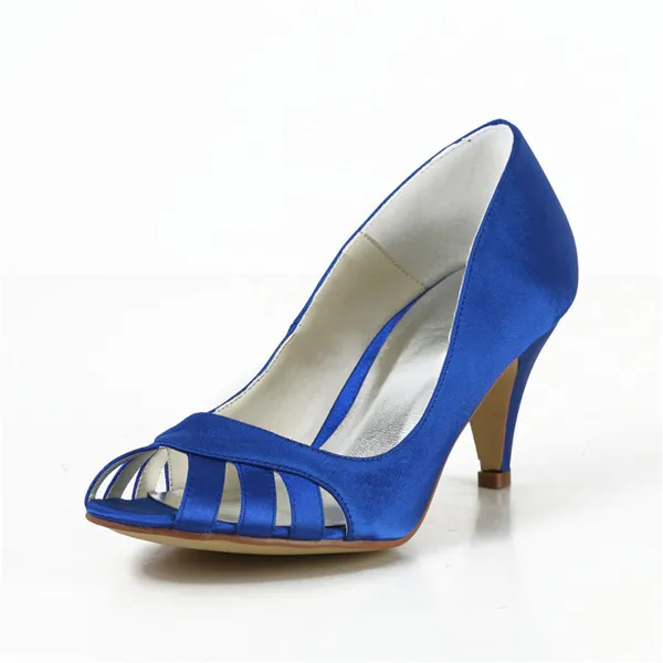 Escarpins Confortable Peep Toe Bleu Satin Chaussures De Mariée