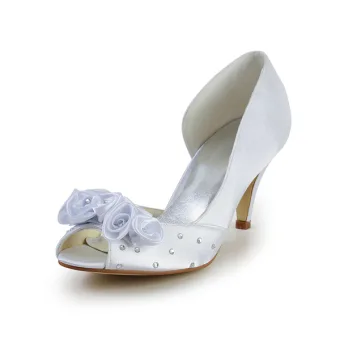 Peep Toe Otwarta Sparkly Boczne Połowie Obcasy Rhinestone Białe Satynowe Buty Ślubne Ręcznie Robione Róże